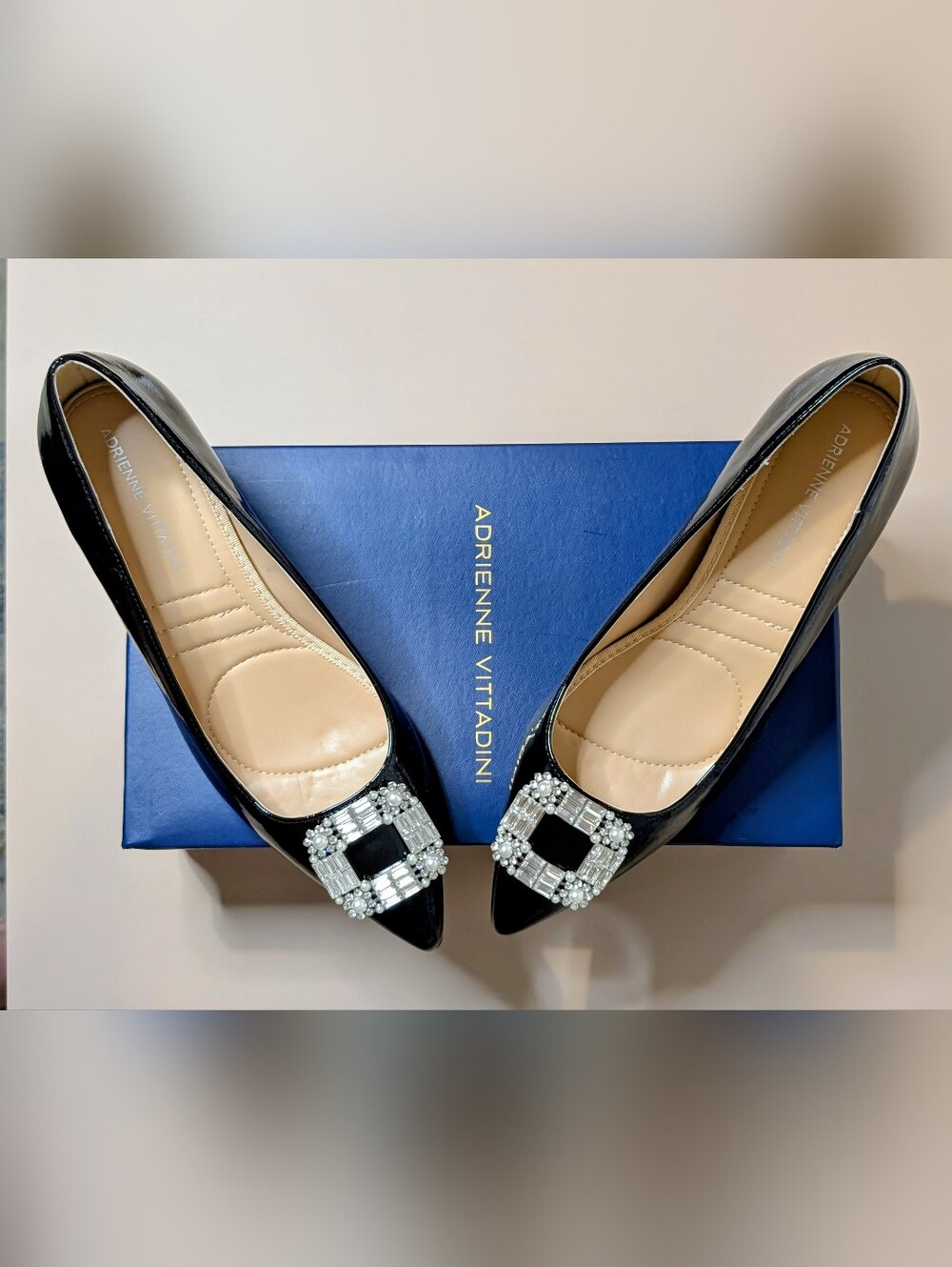 Adrienne Vittadini Sancere Black Patent Jeweled Buckle Kitten Heels Size 8M